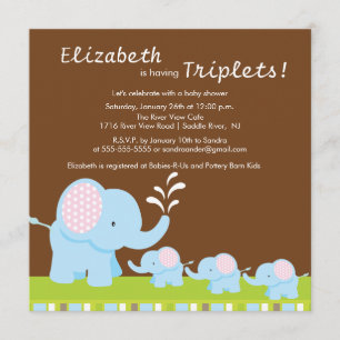 Invitation Baby shower de triplets d'éléphants de maman et de