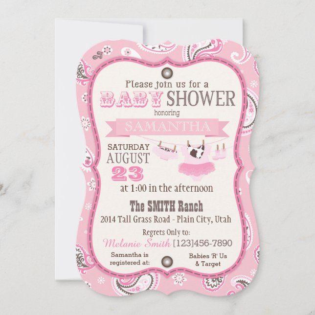 Invitation Baby shower de tutu de bandanna de cow-girl (Devant)