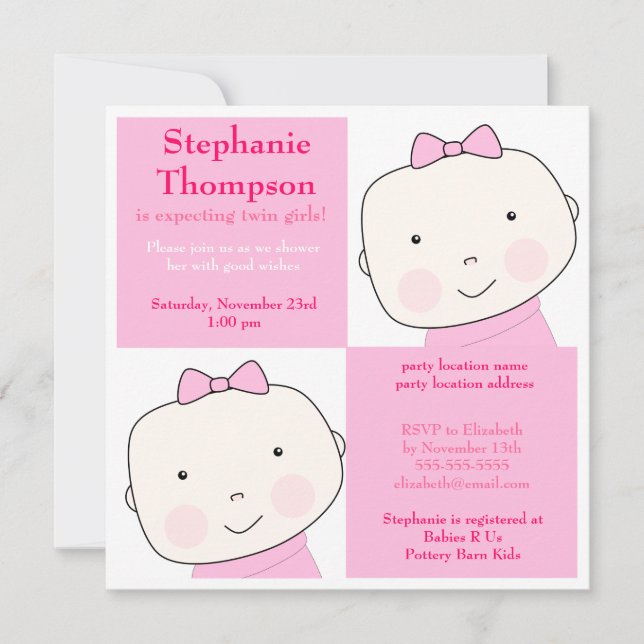 Invitation Baby shower de Twin Girl Pink Blocks (Devant)