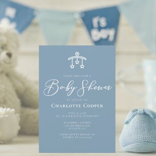 Invitation Baby shower de typographie bleu-blanc Dusty