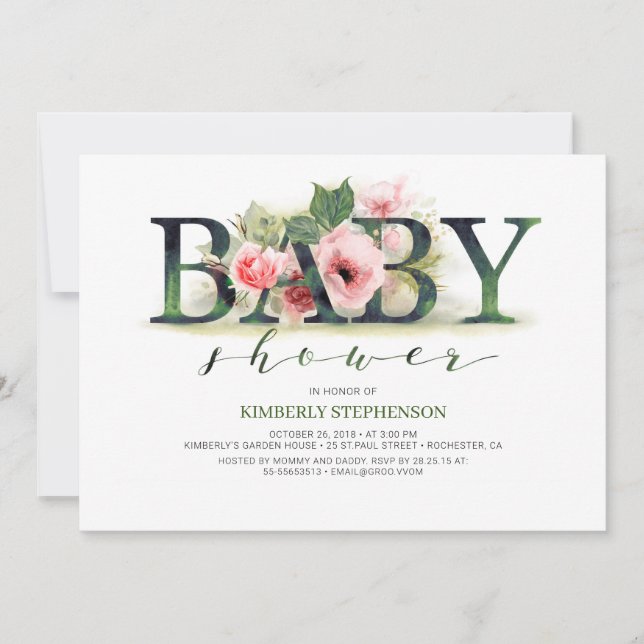 Invitation Baby shower de typographie de Flore rose pâle (Devant)