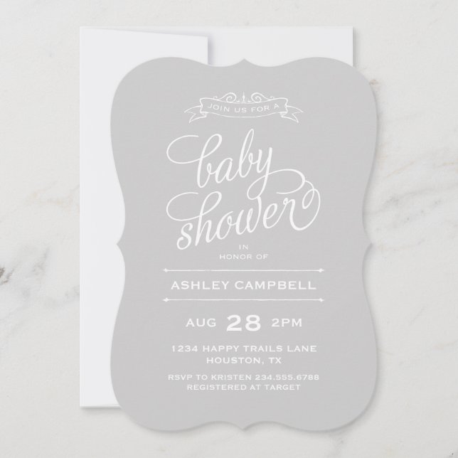 Invitation Baby shower de typographie moderne gris (Devant)