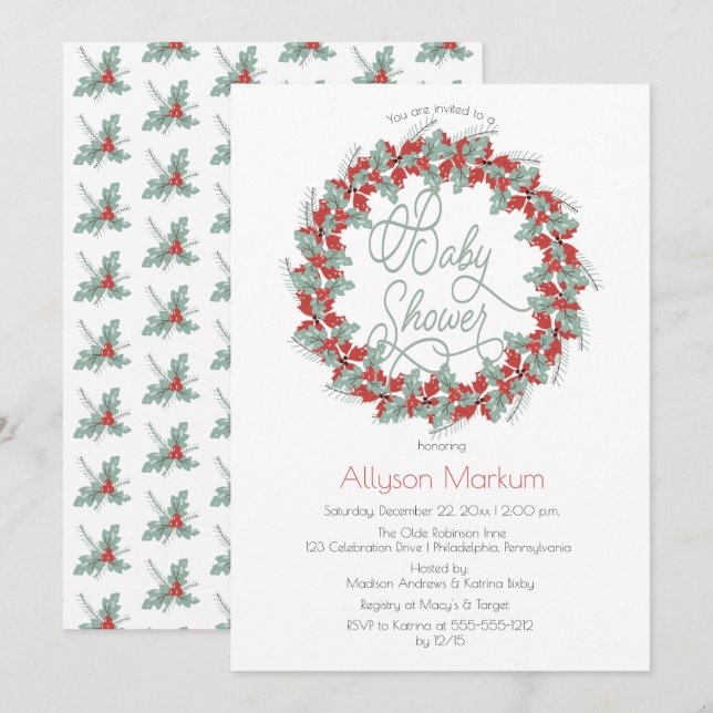 Invitation Baby shower de vacances Holly et Berries Wreath (Devant / Derrière)
