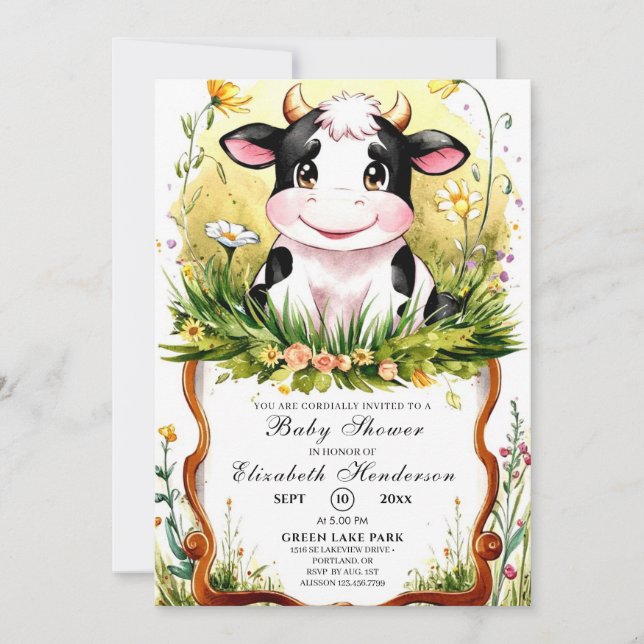 Invitation Baby shower de vache à l'aquarelle personnalisé (Devant)