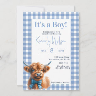 Invitation Baby shower de vache bleu en vichy Highland