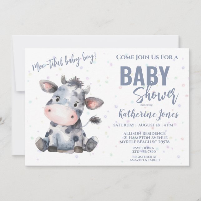 Invitation Baby shower de vache Dusty Blue Boy Farm (Devant)