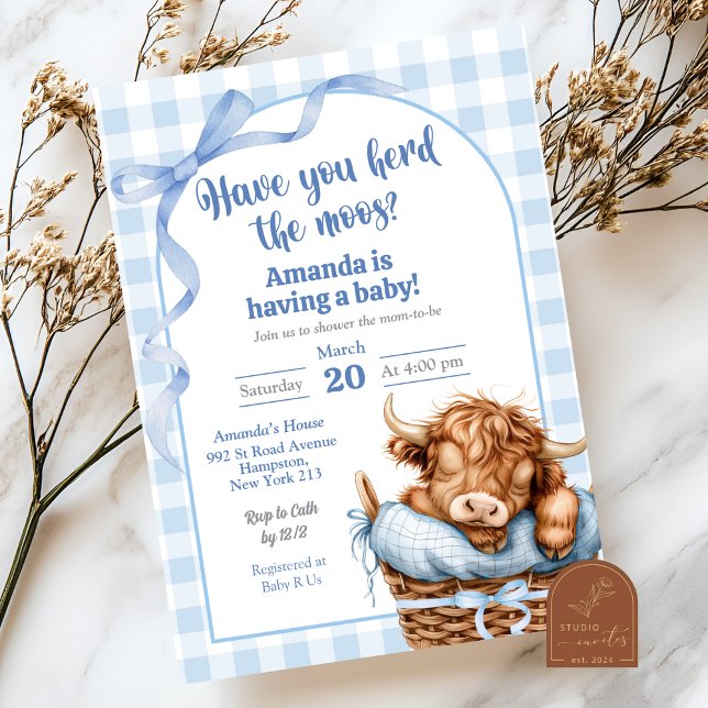 Invitation Baby shower de vache En vichy de Preppy bleu (Créateur téléchargé)