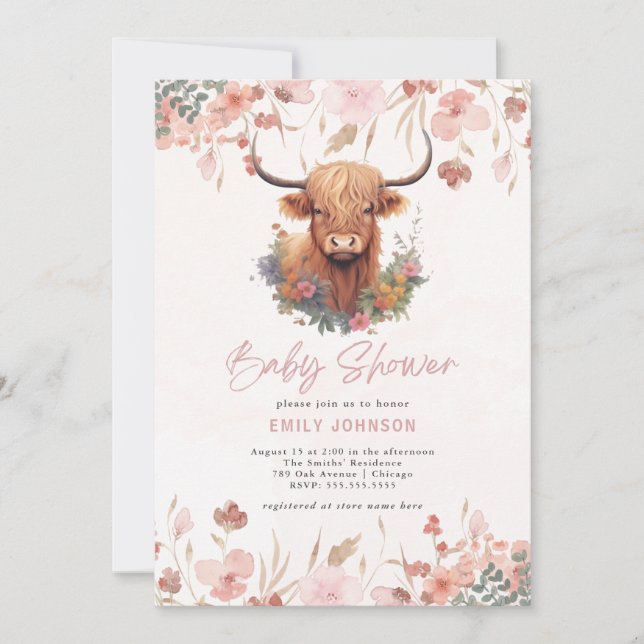 Invitation Baby shower de vache Highland Flowers (Devant)