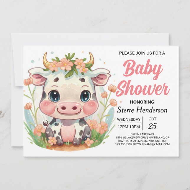 Invitation Baby shower de vache rose moderne élégant (Devant)
