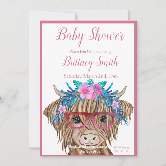 Invitation Baby shower de vache, Vache de Highland (Devant)