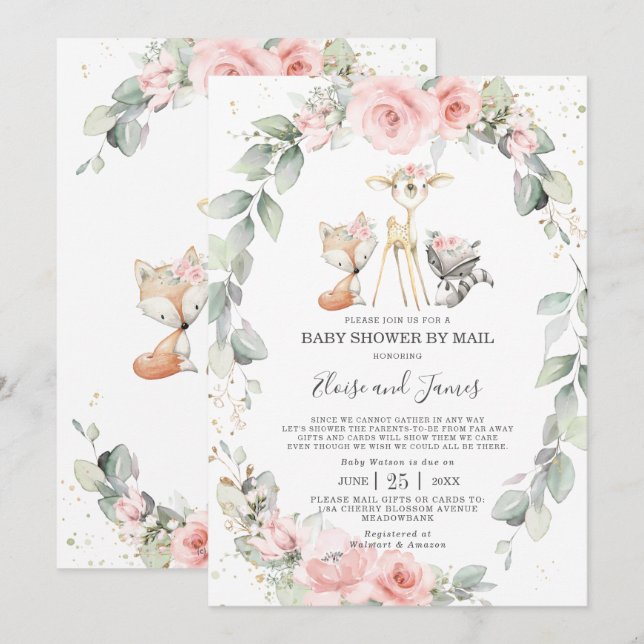 Invitation Baby shower de végétation végétale rose boisé par  (Devant / Derrière)