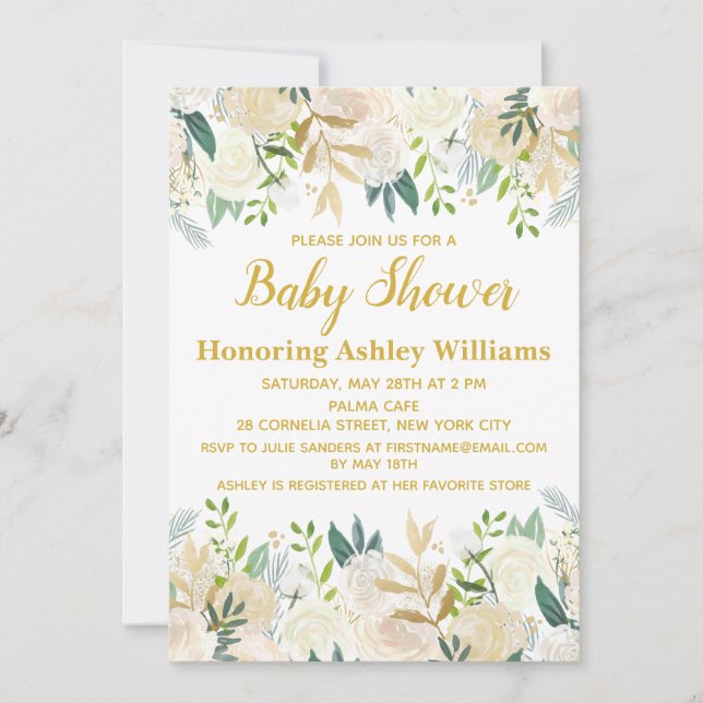 Invitation Baby shower de verdure botanique blanc et or (Devant)