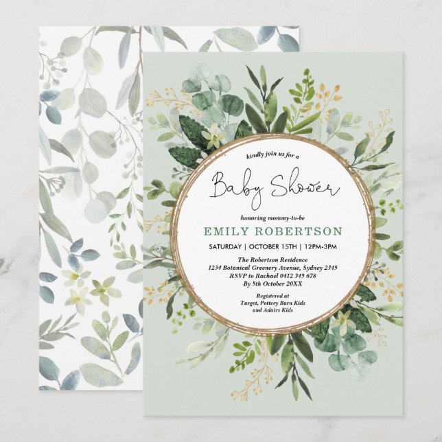 Invitation Baby shower de verdure botanique vert doux (Devant / Derrière)