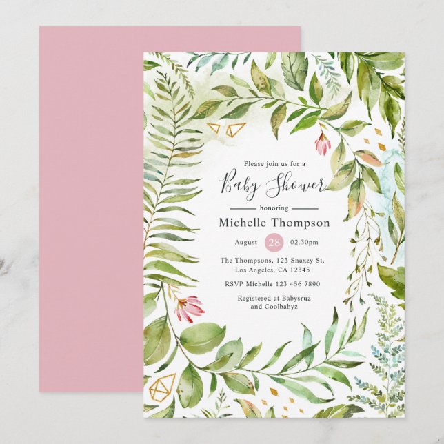 Invitation Baby shower de verdure cristal géométrique (Devant / Derrière)
