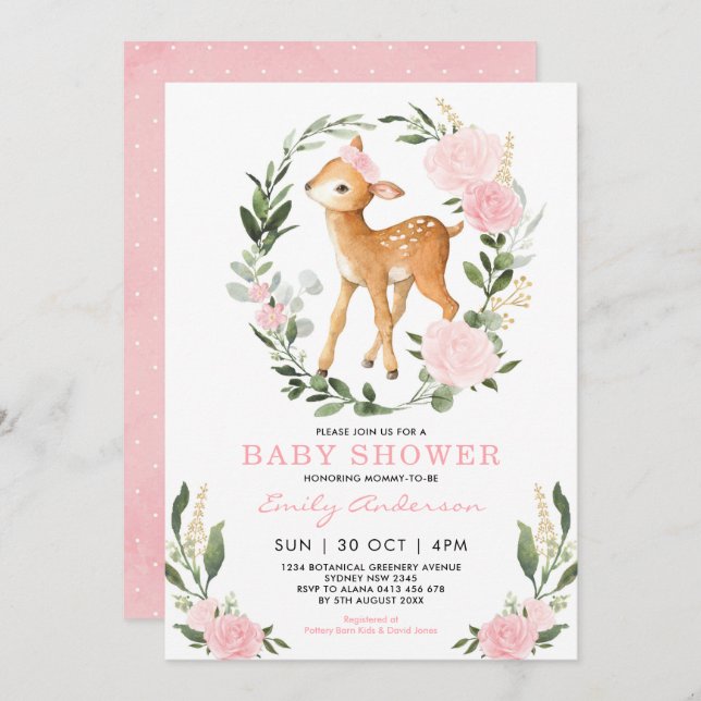 Invitation Baby shower de verdure de la forêt de cerfs en or  (Devant / Derrière)