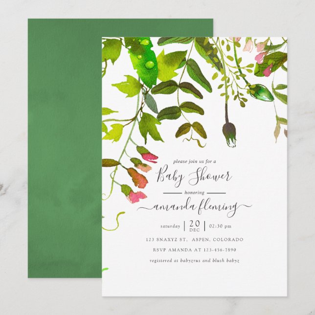 Invitation Baby shower de verdure de printemps aquarelle (Devant / Derrière)