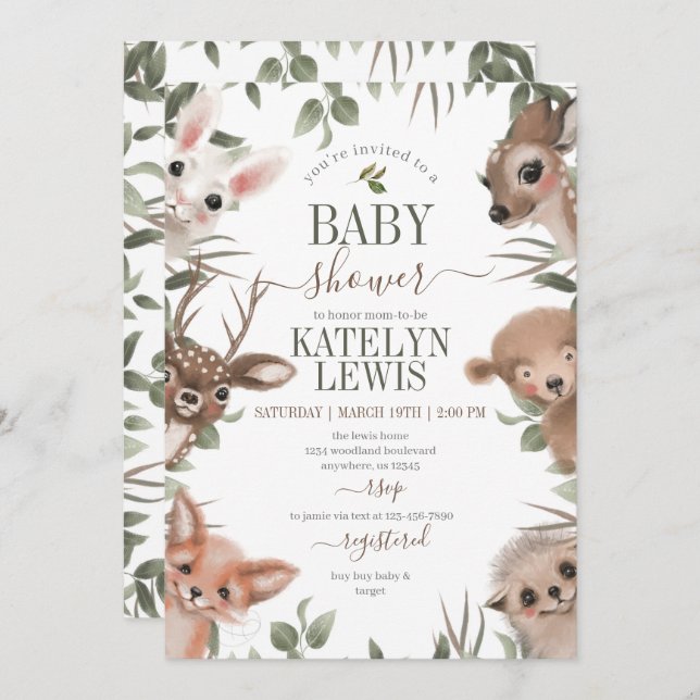 Invitation Baby shower de verdure des bois (Devant / Derrière)