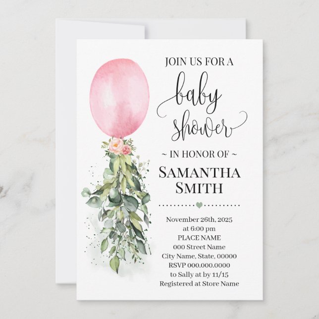 Invitation Baby shower de verdure Eucalyptus rose (Devant)