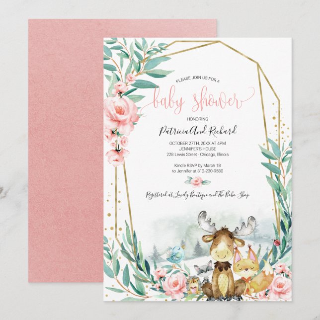 Invitation Baby shower de verdure fleurie de bois adorable (Devant / Derrière)