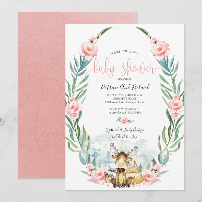 Invitation Baby shower de verdure fleurie de bois adorable (Devant / Derrière)