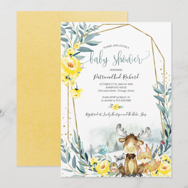 Invitation Baby shower de verdure fleurie de bois adorable (Devant / Derrière)