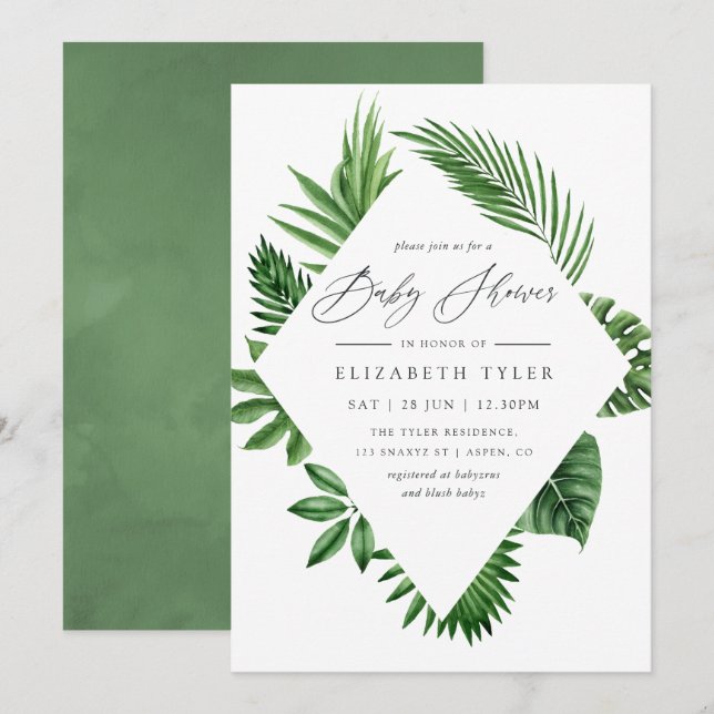 Invitation Baby shower de verdure forestière tropicale (Devant / Derrière)