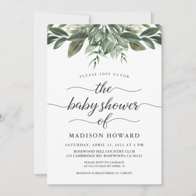 Invitation Baby shower de verdure gracieux (Devant)