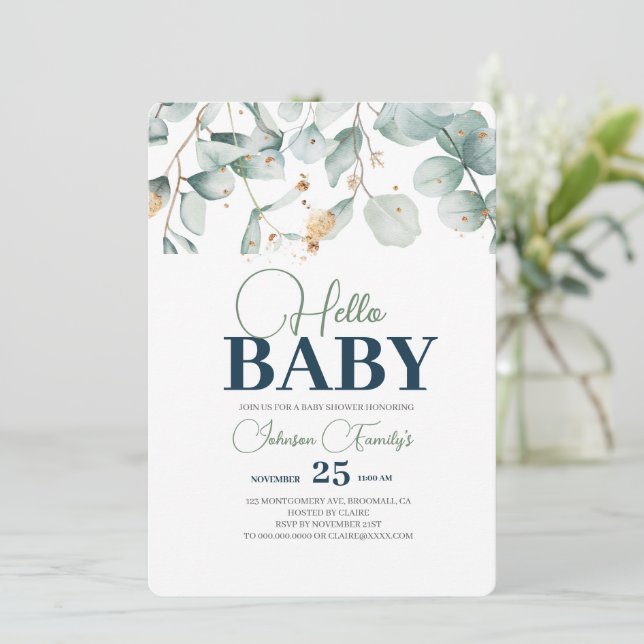 Invitation Baby shower de verdure Invitation, fleur d'Eucalyp (Debout devant)