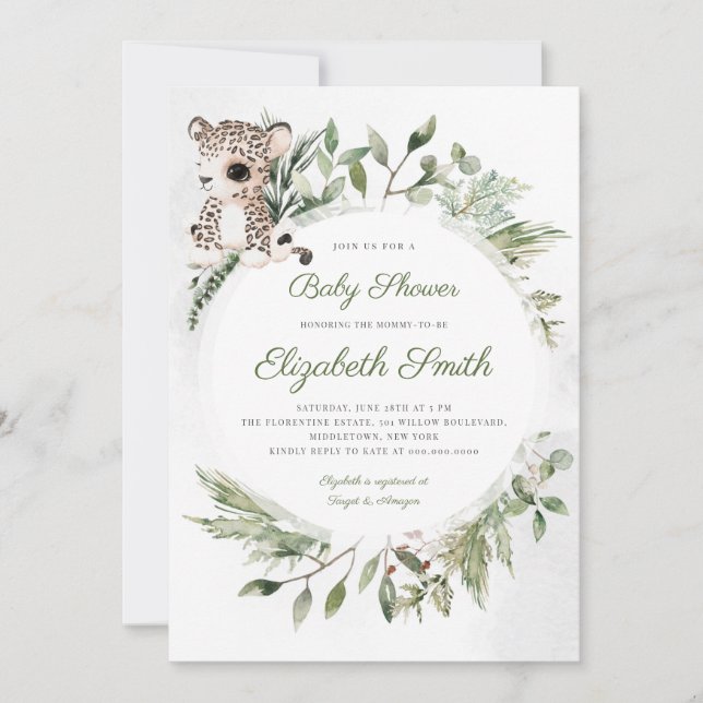 Invitation Baby shower de verdure Leopard Jungle Safari (Devant)