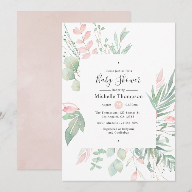 Invitation Baby shower de verdure Pastel Blush (Devant / Derrière)
