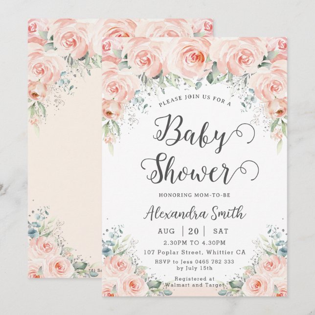 Invitation Baby shower de verdure Rose doux et flou (Devant / Derrière)