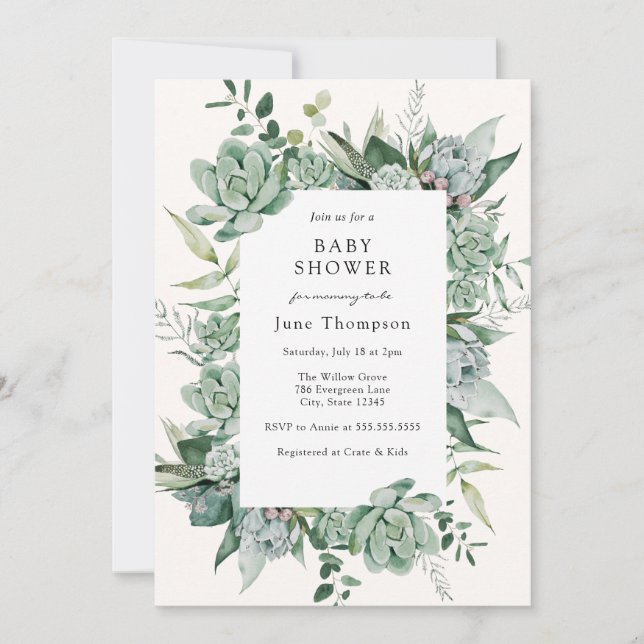 Invitation Baby shower de verdure succulent d'Eucalyptus (Devant)