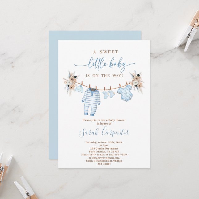 Invitation Baby shower de vêtements bébé garçon (Devant/Arrière en situation)