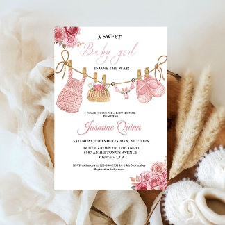Invitation Baby shower de vêtements Bohême pour fille rose