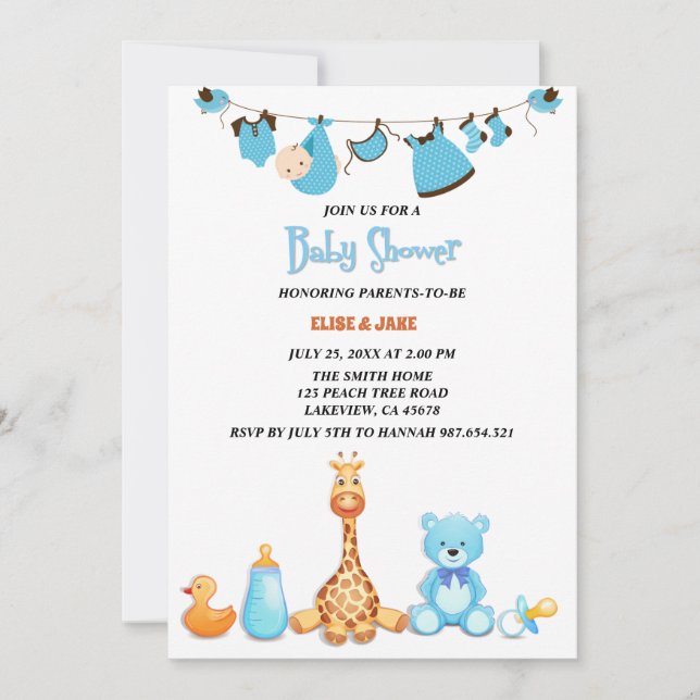 Invitation Baby shower de vêtements et jouets d'aquarelle pou (Devant)