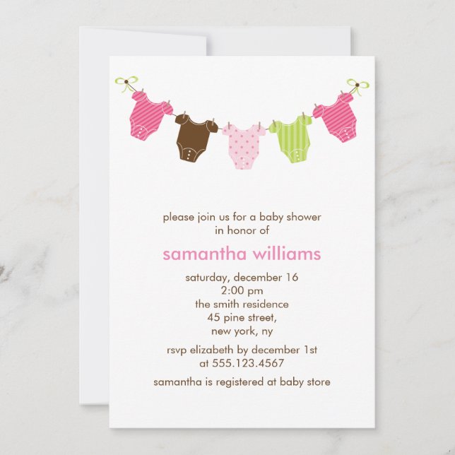Invitation Baby shower de vêtements pour filles rose et verte (Devant)