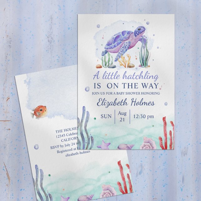Invitation Baby shower de Vie marine Turtoise Aquarelle Invit (Watercolor Turtoise Sealife Baby Shower Invitation on pale blue wooden background)