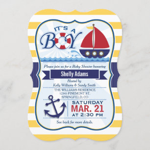 Invitation Baby shower de voilier marine rouge, marine et jau