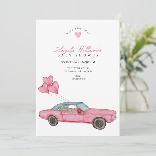 Invitation Baby shower de voiture rose aquarelle (Debout devant)