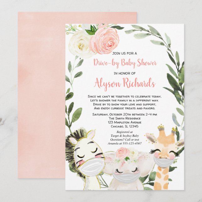 Invitation Baby shower de voiture safari animaux rose verdure (Devant / Derrière)