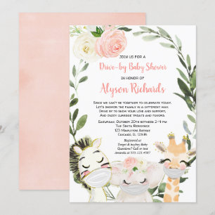 Invitation Baby shower de voiture safari animaux rose verdure