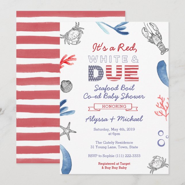 Invitation Baby shower d'ébullition de fruits de mer, blanc r (Devant / Derrière)