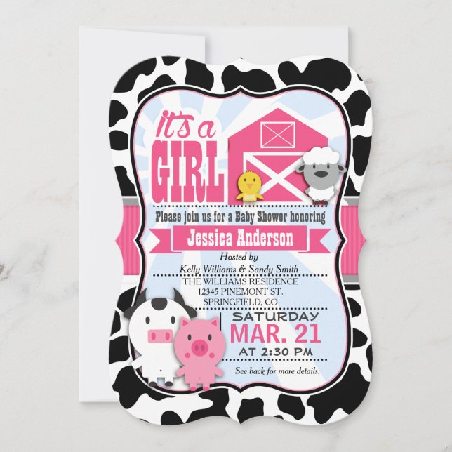 Invitation Baby shower d'écolière d'animaux de ferme roses et (Devant)