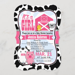 Invitation Baby shower d'écolière d'animaux de ferme roses et