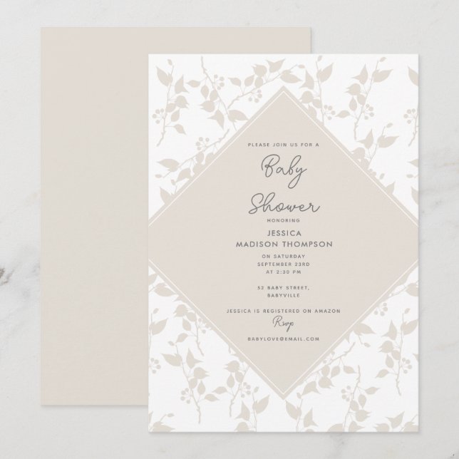 Invitation Baby shower décoratif en feuille beige botanique (Devant / Derrière)
