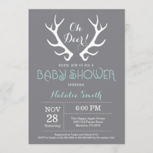 Invitation Baby shower Deer Antler Grey and Aqua