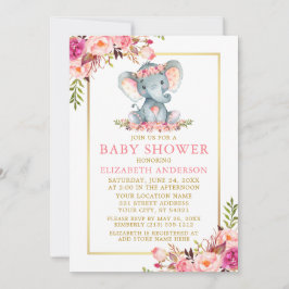 Invitation Baby shower d'éléphant à cadre d'or rose