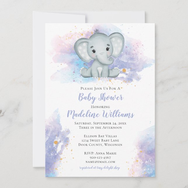 Invitation Baby shower d'éléphant aquarelle (Devant)