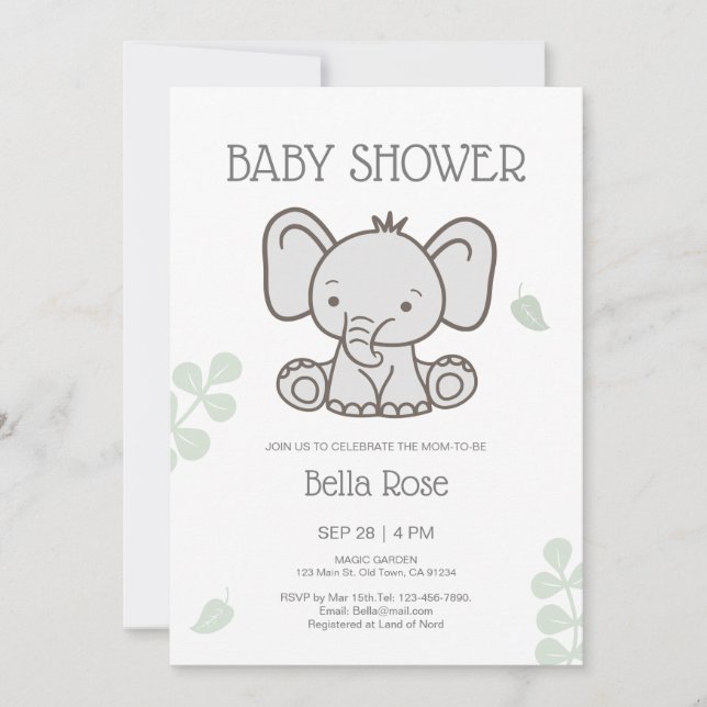 Invitation Baby shower d'éléphant blanc gris-blanc neutre pou (Devant)