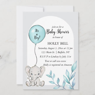 Invitation Baby shower d'éléphant bleu Aquarelle